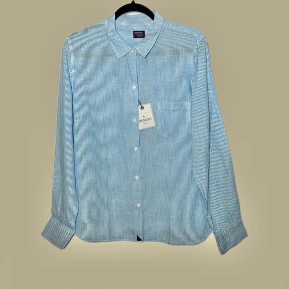 NWT Untuckit 100% Linen Sherry Button-Down Shirt Blue & White Stripes 14 (Large) - Picture 1 of 12